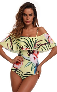 F4686 One Piece flounce Swimsuit leaf Printed Off Shoulder Padded Bathing Suit